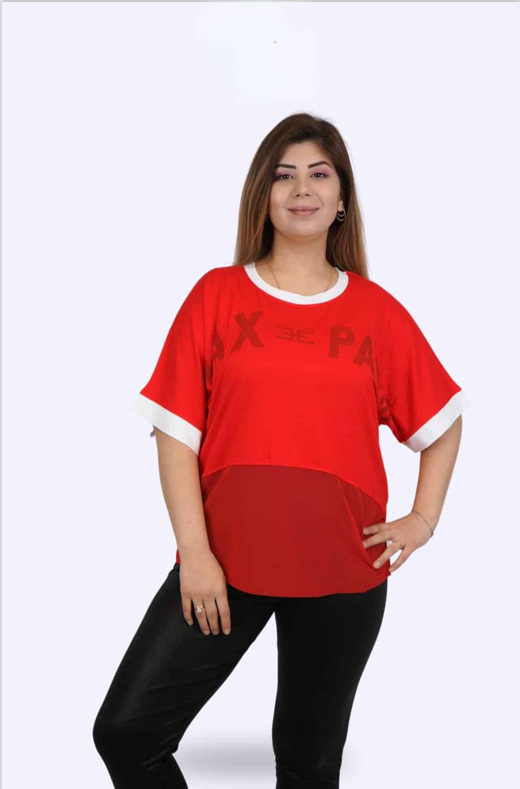 חולצה בשילוב רשת מידות גדולות צבע אדום